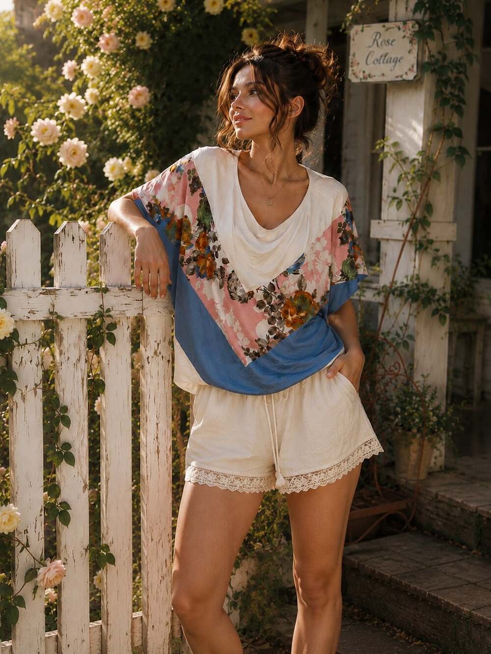 A.Gain Plus Size Floral Chevron Colorblock Short Sleeve Top 1X